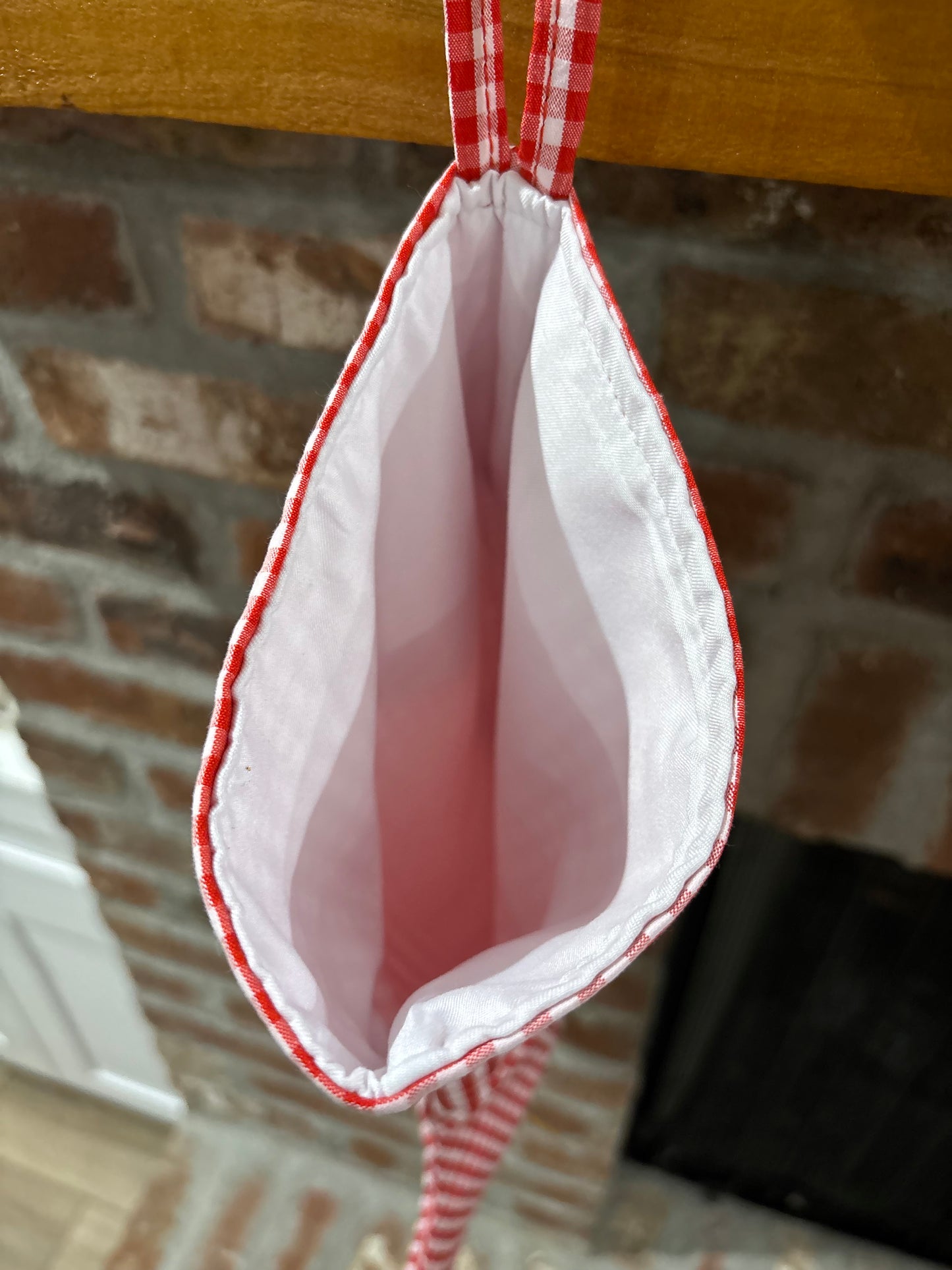 Gingham Christmas Stocking with Scallop Edges Around Cuff - Red / Green