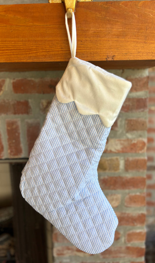 Blue Quilted Seersucker Scalloped Stocking
