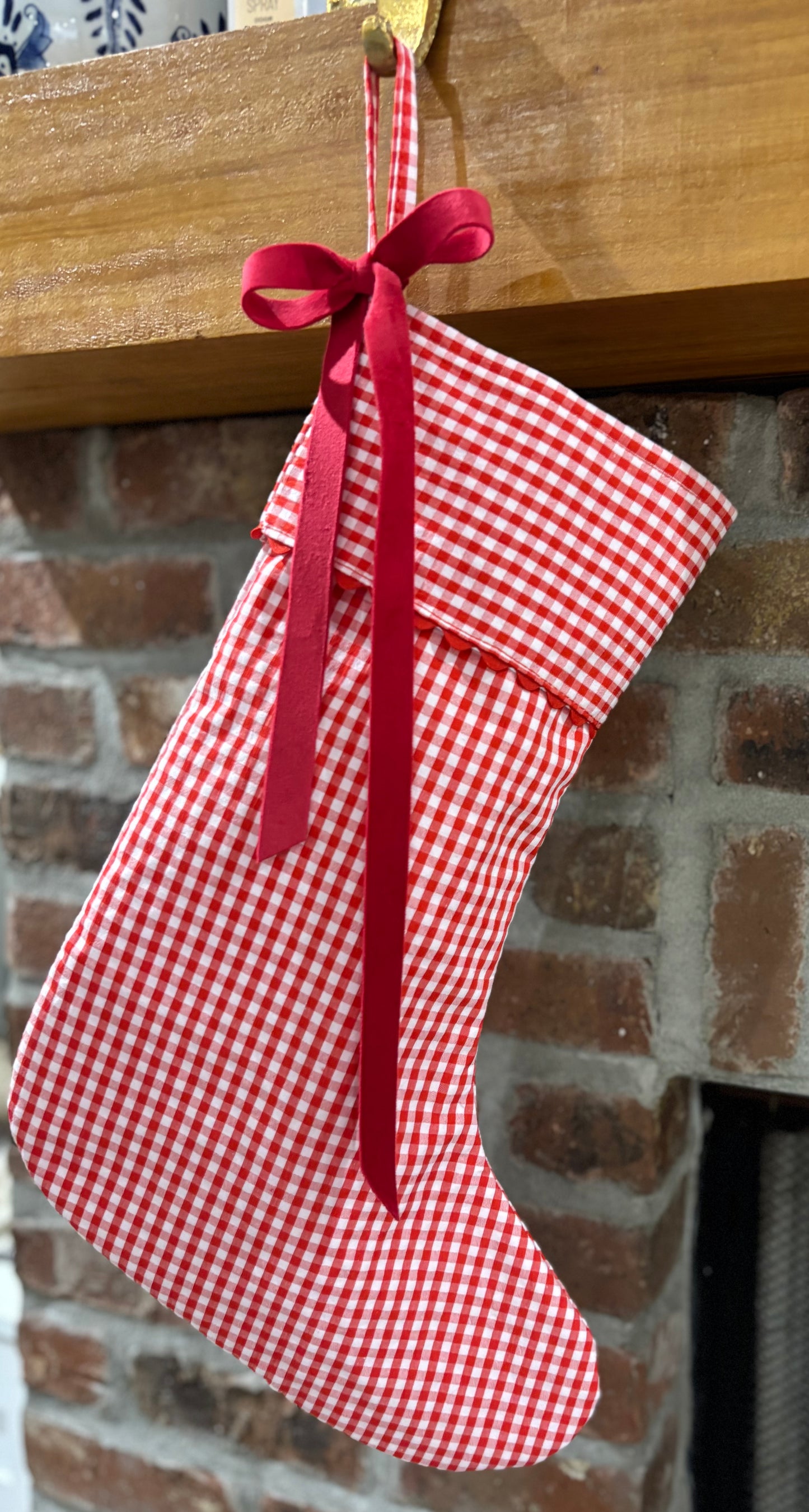 Gingham Christmas Stocking with Scallop Edges Around Cuff - Red / Green