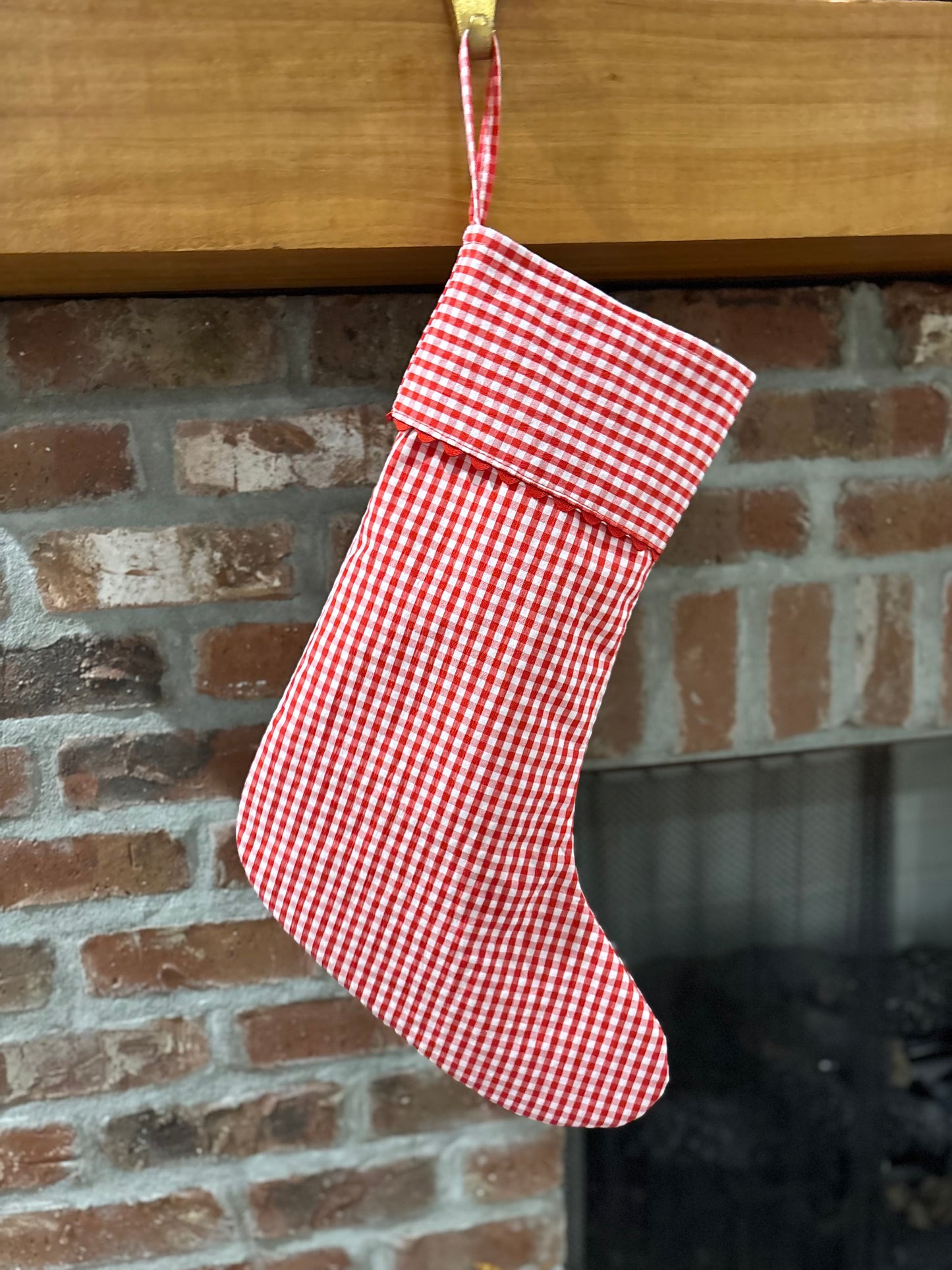 Gingham Christmas Stocking with Scallop Edges Around Cuff - Red / Green