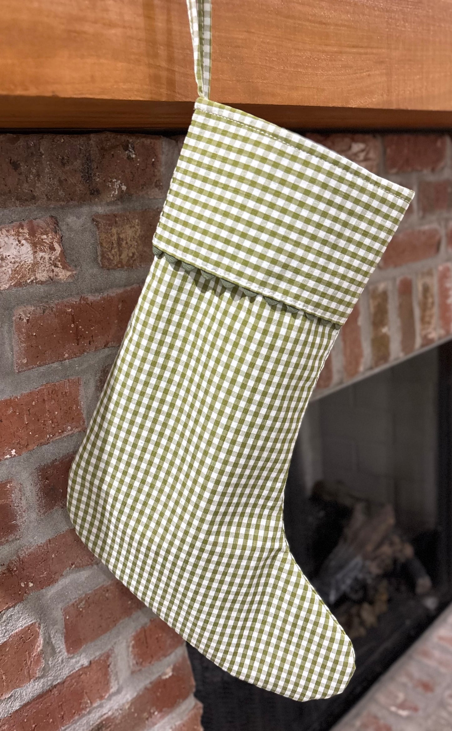 Gingham Christmas Stocking with Scallop Edges Around Cuff - Red / Green