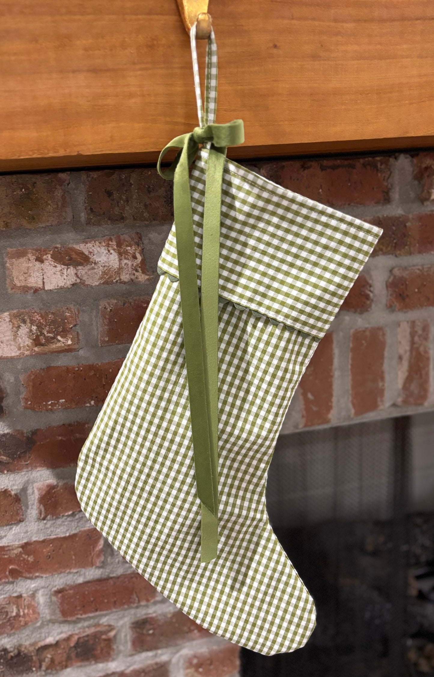 Gingham Christmas Stocking with Scallop Edges Around Cuff - Red / Green