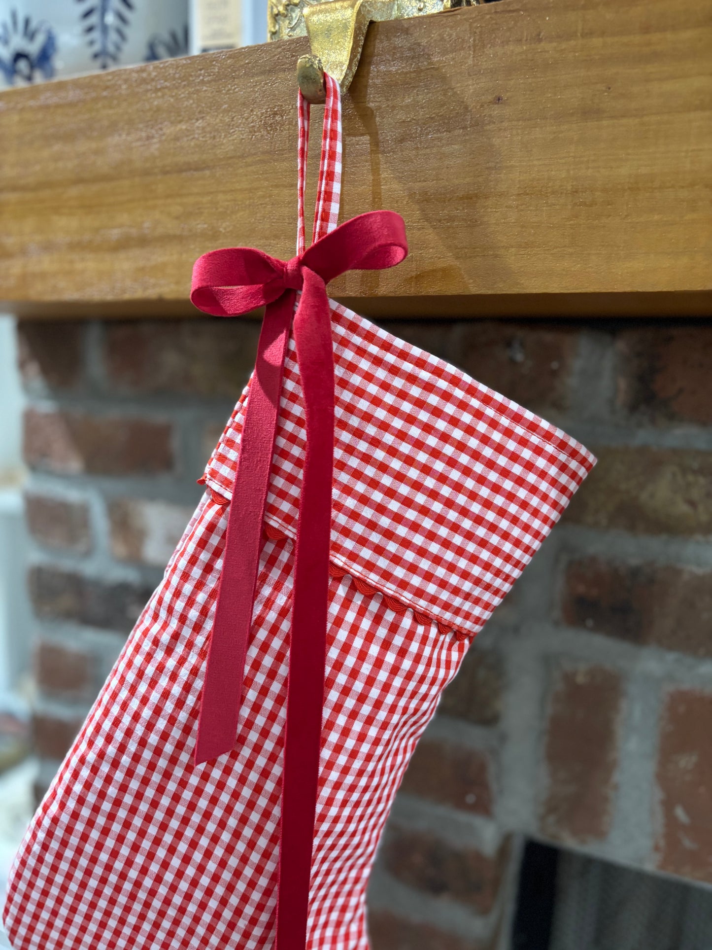 Gingham Christmas Stocking with Scallop Edges Around Cuff - Red / Green