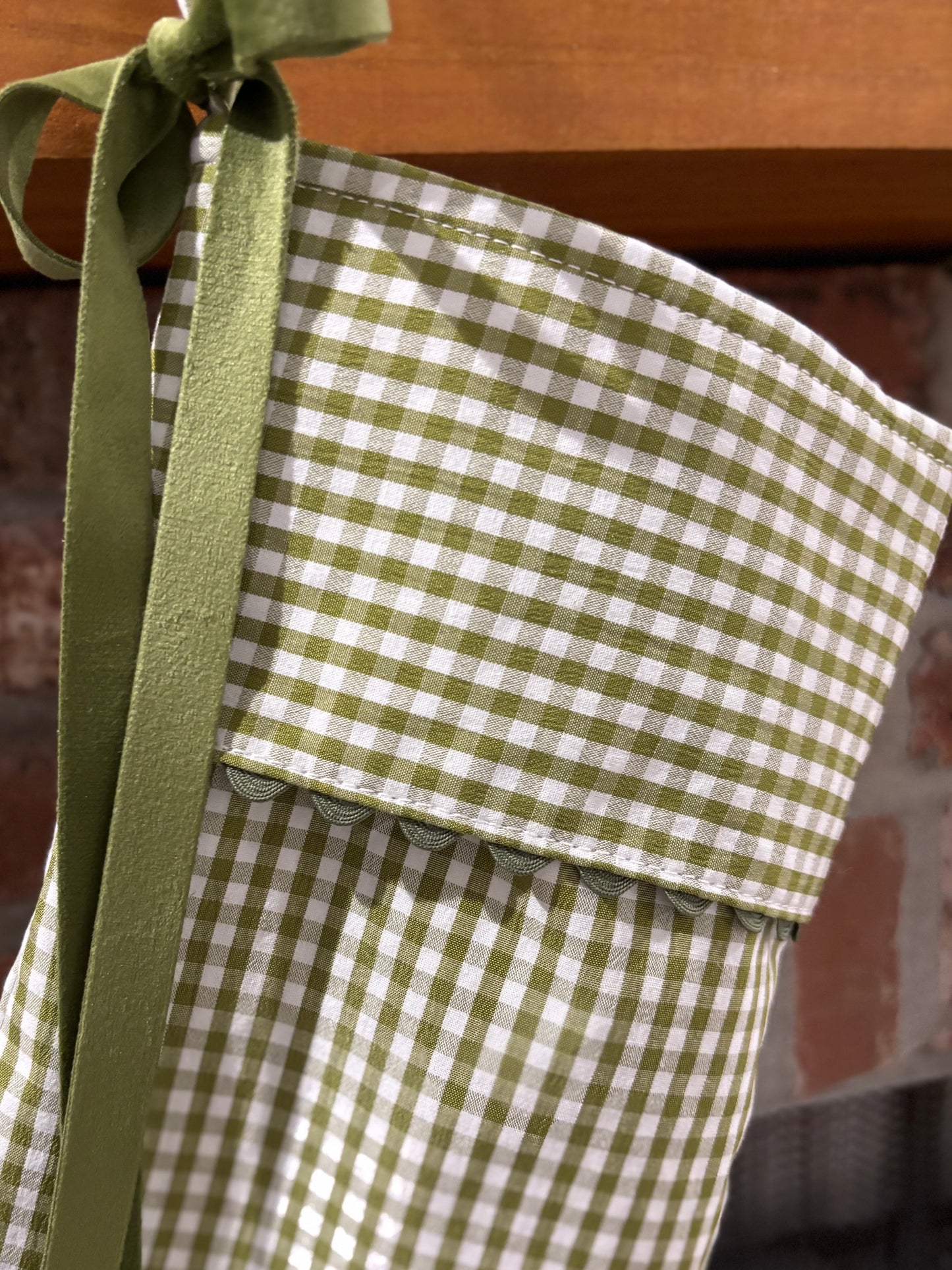 Gingham Christmas Stocking with Scallop Edges Around Cuff - Red / Green