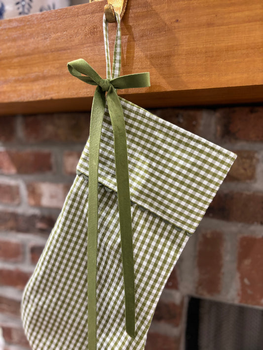 Gingham Christmas Stocking with Scallop Edges Around Cuff - Red / Green