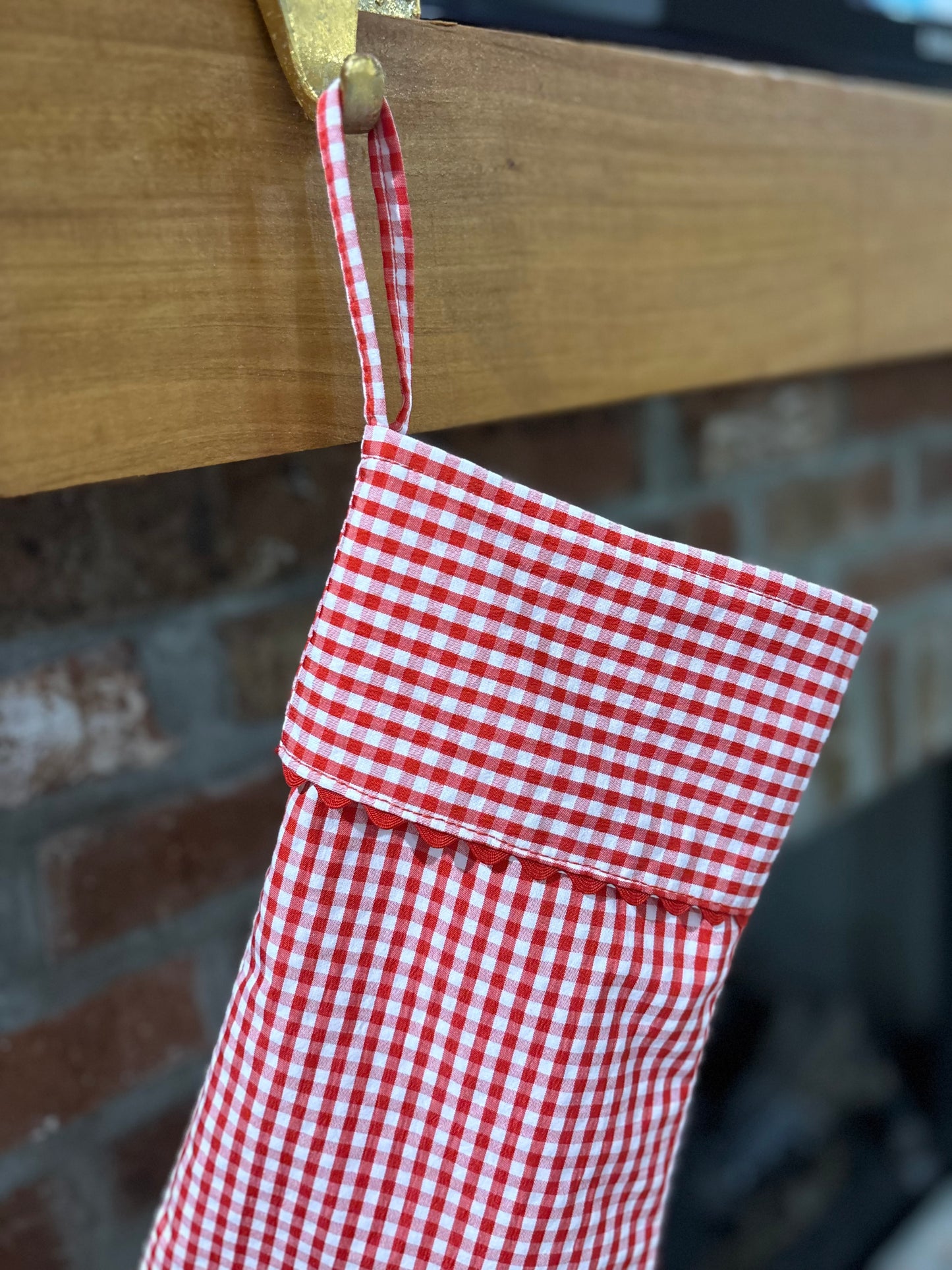 Gingham Christmas Stocking with Scallop Edges Around Cuff - Red / Green